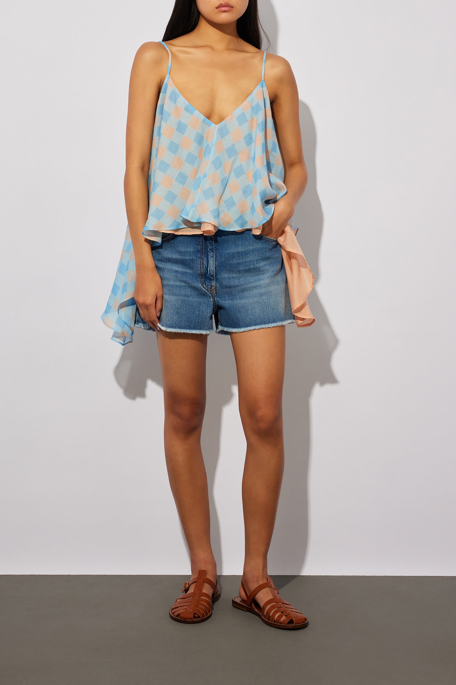 BICOLOR RAMIE TOP WITH CHECK PRINT
