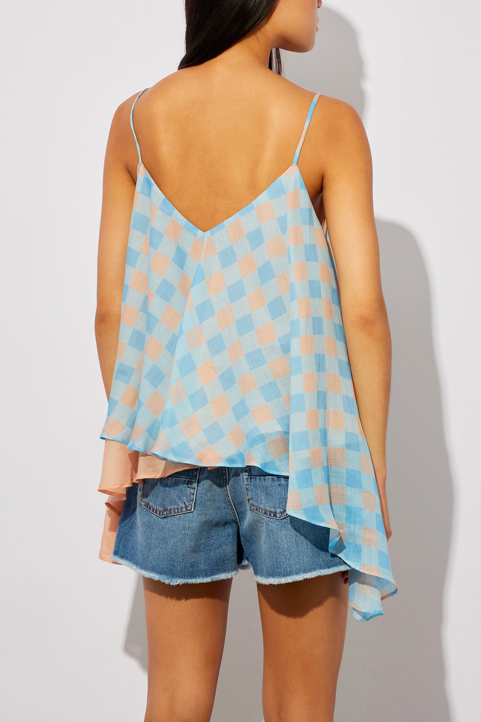 BICOLOR RAMIE TOP WITH CHECK PRINT