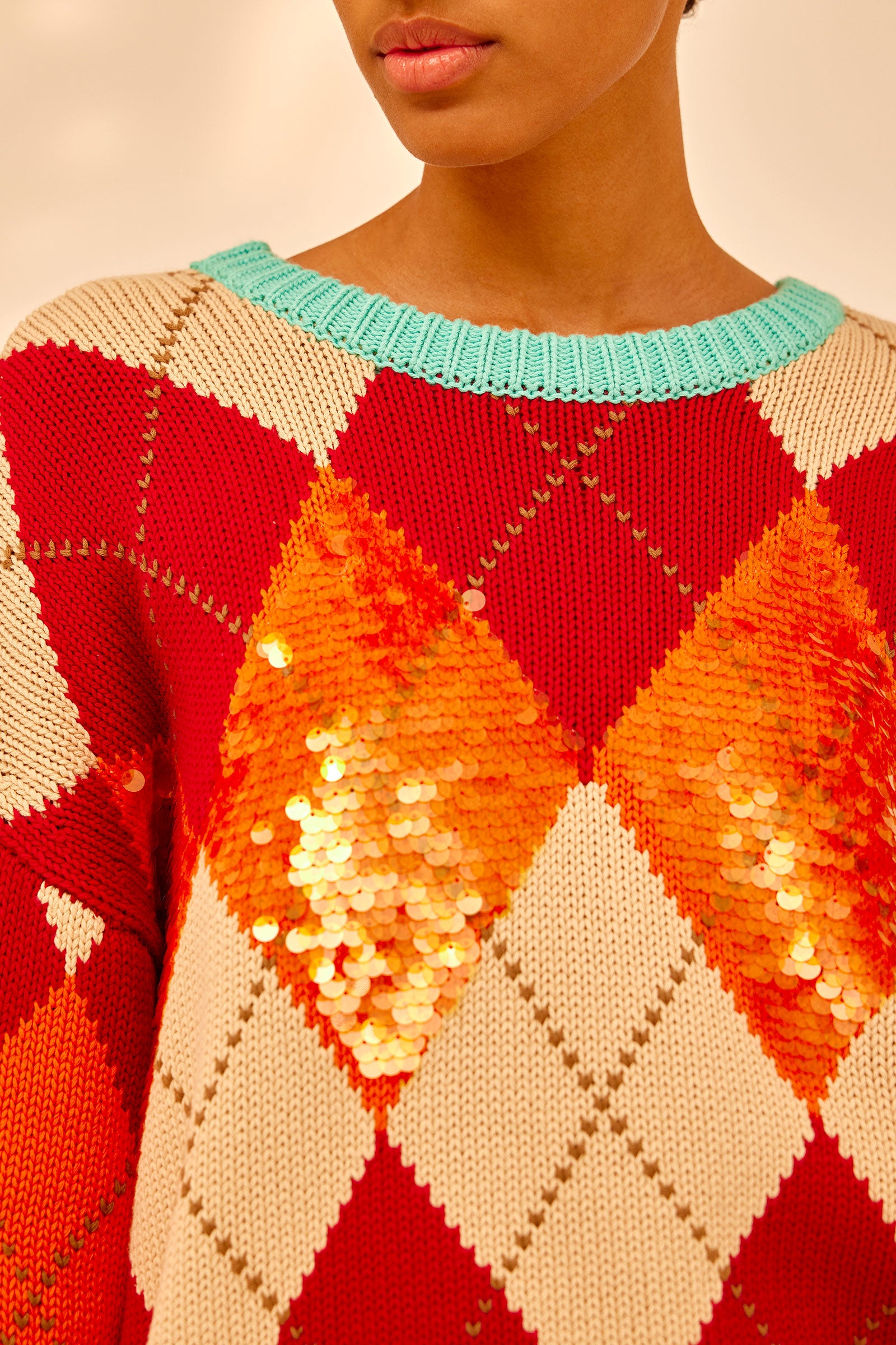 COTTON SWEATER WITH SEQUINS AND DIAMOND PATTERN